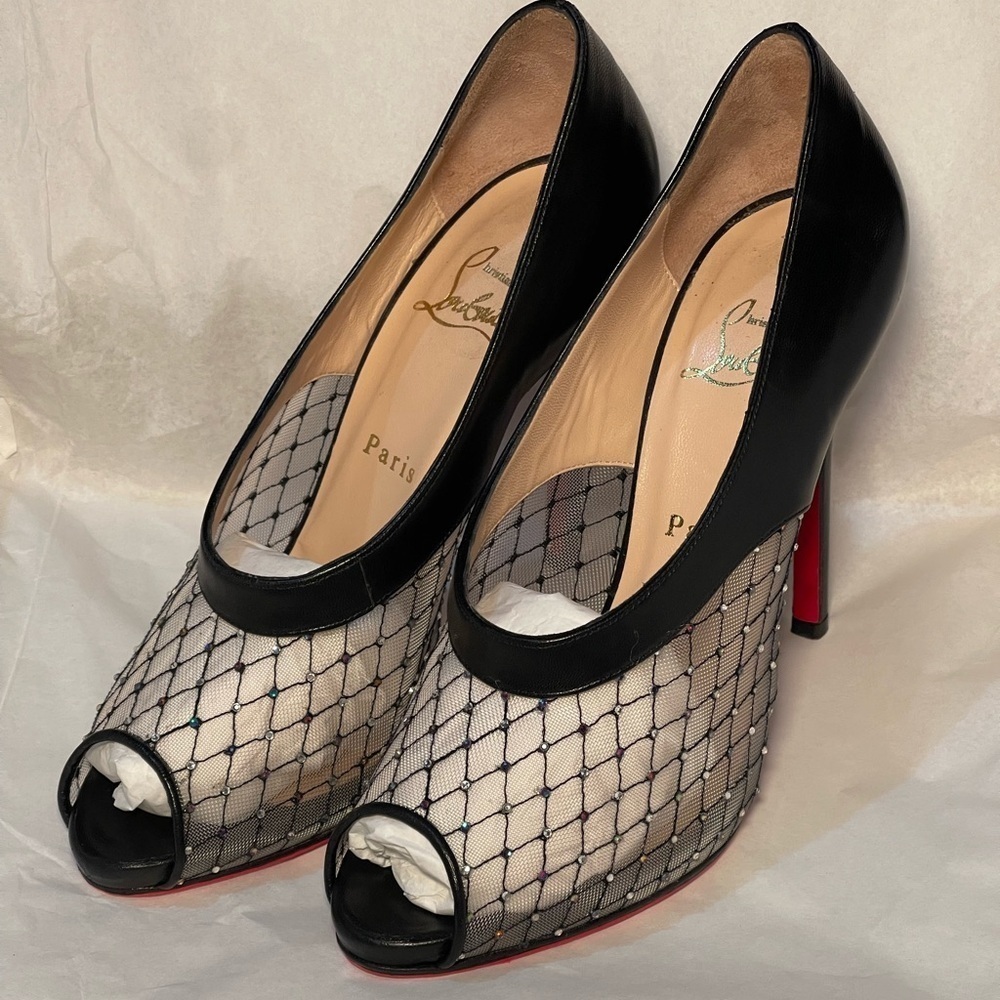 Christian Louboutin Black Napa Mesh Crystal Strass Peep Toe Stiletto EU 38.5
